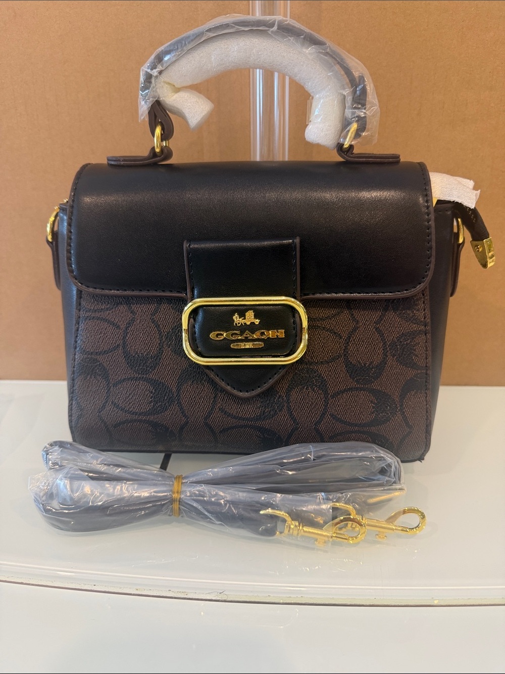 Coach Brown and Black Signature Mini Top-Handle Satchel with Gold Hardware - Picture 2 of 9